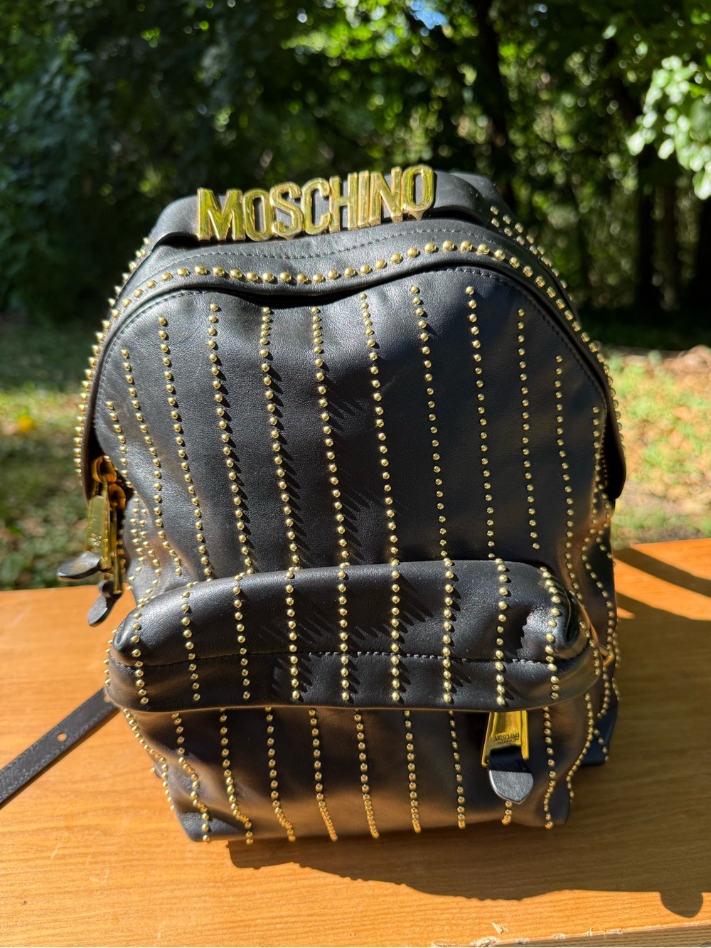 Moschino Black Backpack with Gold Studs and Logo